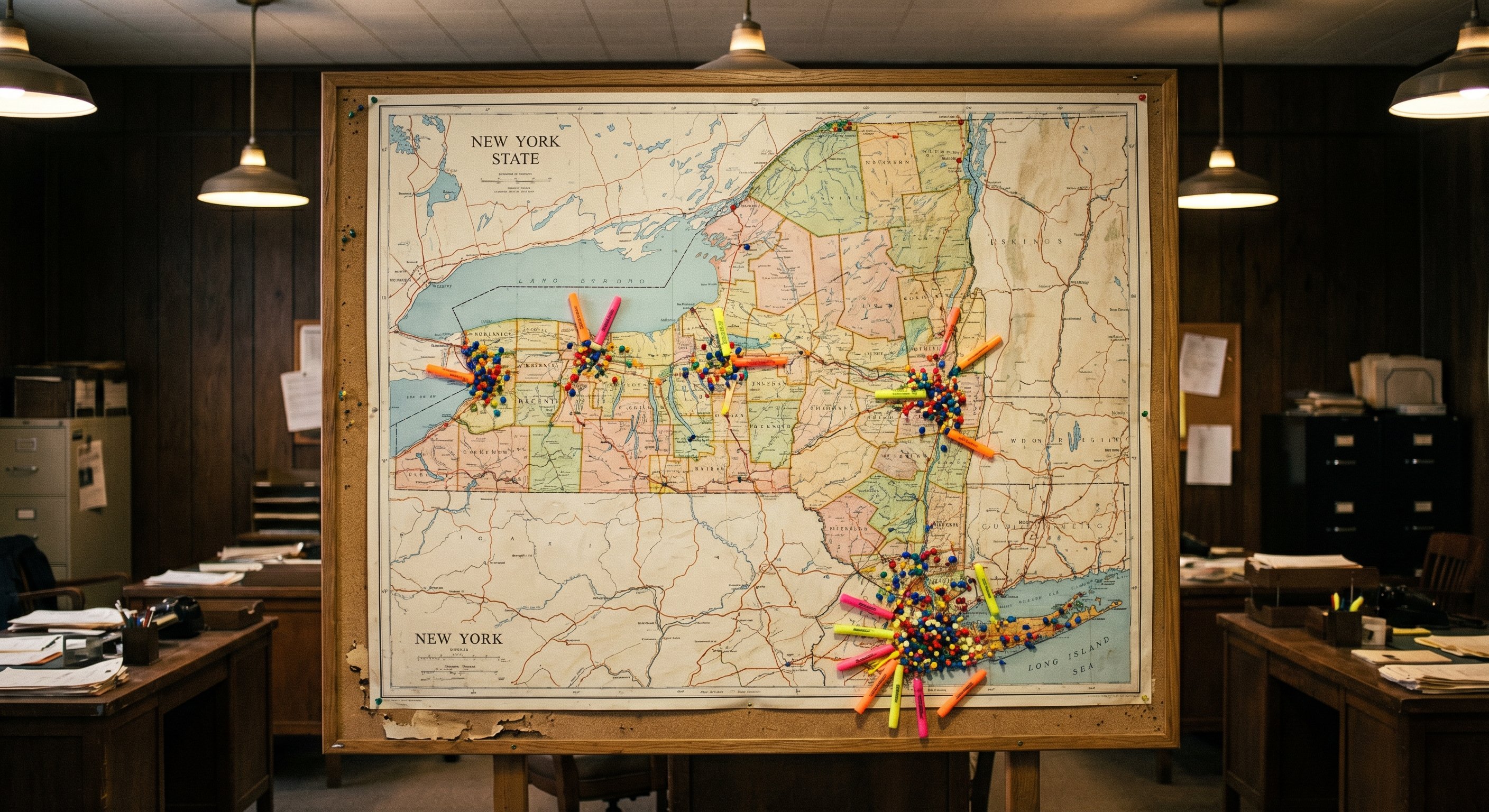 Wall-mounted map of New York State with county boundaries and colored push pins marking key investor markets