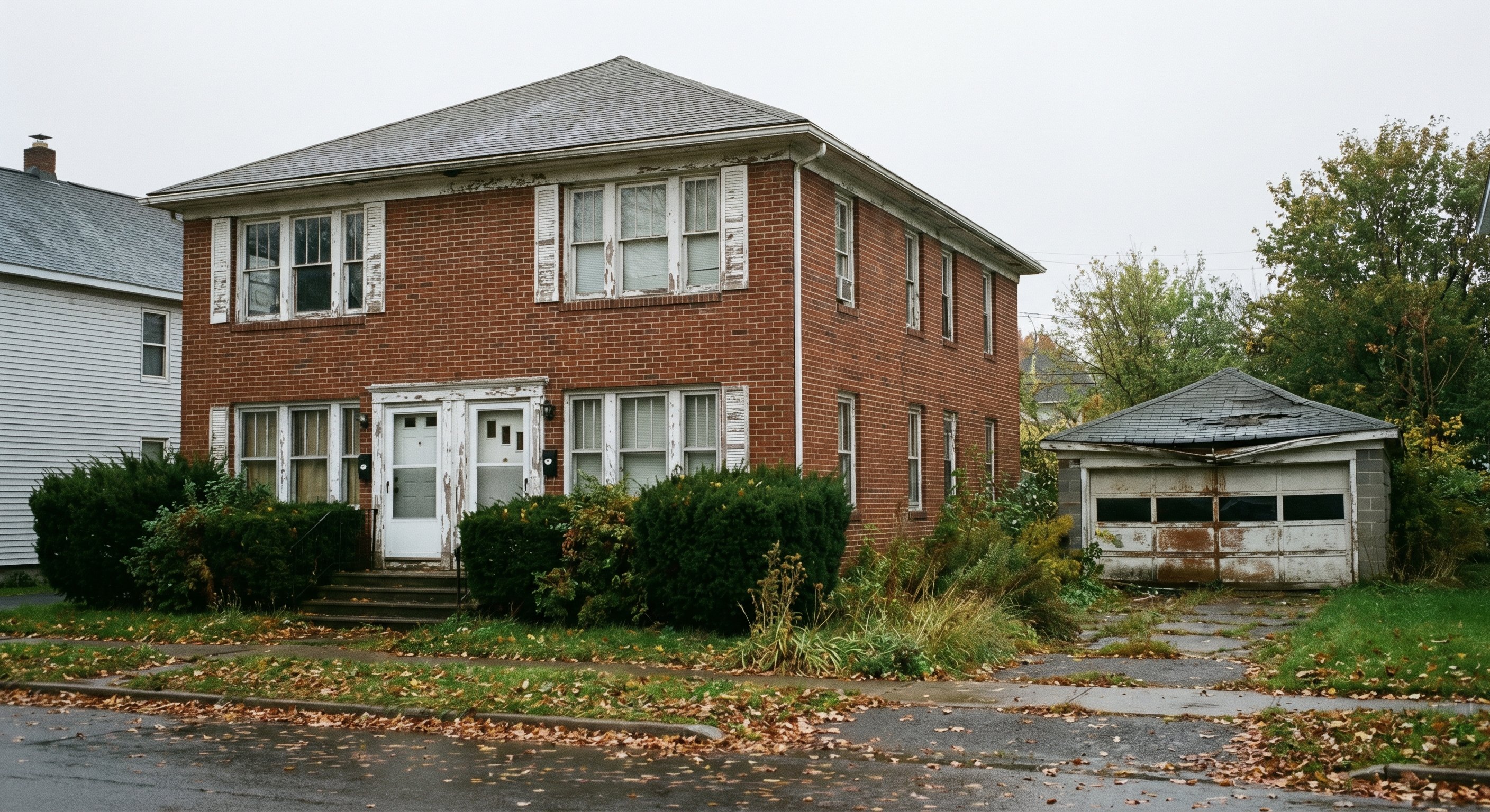 Brick two-family home in upstate New York showing deferred maintenance and overgrown landscaping