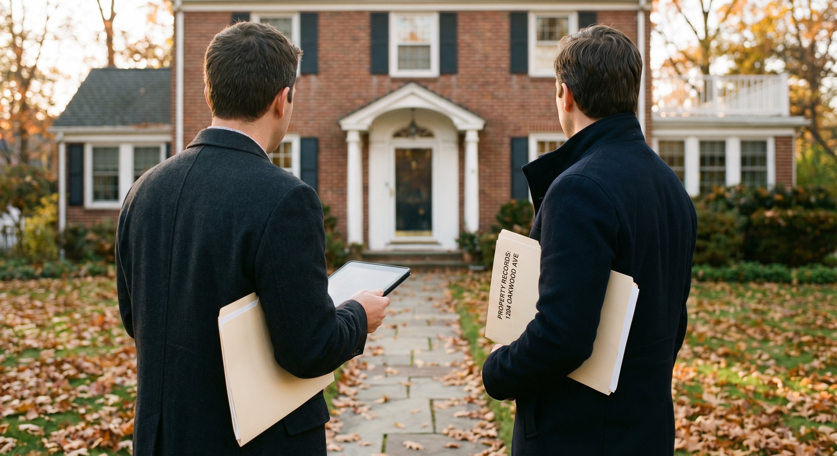 Real estate investor reviewing a property listing on a tablet while standing outside a suburban New York colonial home